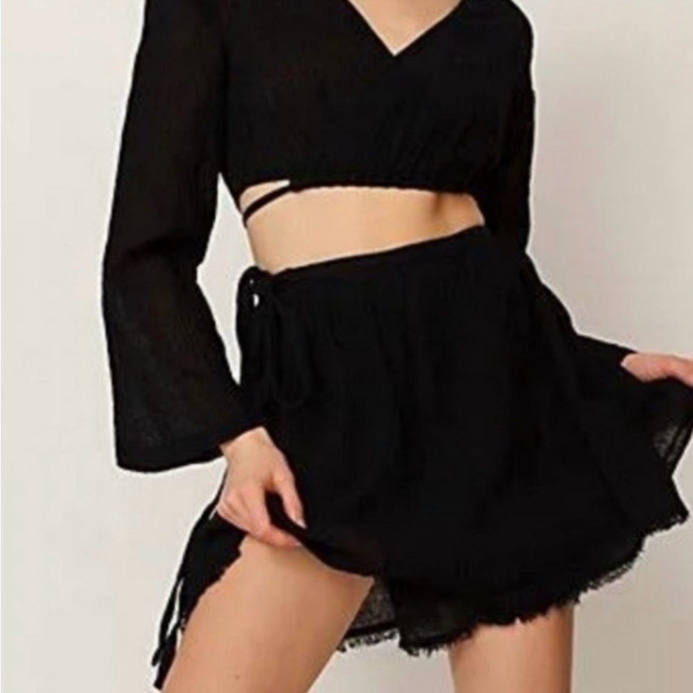 Free People Black Skater Mini Skirt with Tie Front